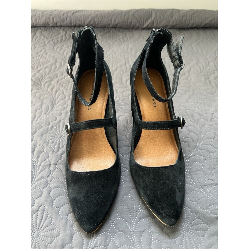 Lucky Brand SZ 9.5 Suede Mixlier Mary Jane Block Heel Black Old Money Careerwear